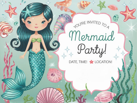 Magical mermaid party invitation with cute ocean creatures and sparkling details
