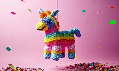 Colorful piñata bursting with confetti and candy in celebration - Powered by Adobe