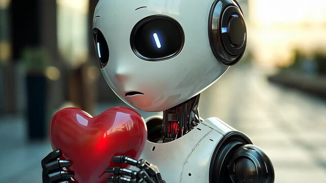 In a vibrant futuristic city, a small robot holds a glowing red heart, pondering the essence of love. This captivating moment blends technology and emotion, Valentine's Day concept. 