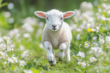 Obraz premium Playful white lamb in a blooming green countryside field