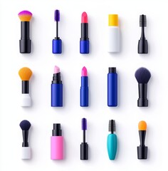 Obraz premium An assortment of 3D cosmetic icons including powder, cream, makeup tools, lipstick, brush, foundation, and mascara, each isolated on a clear background.