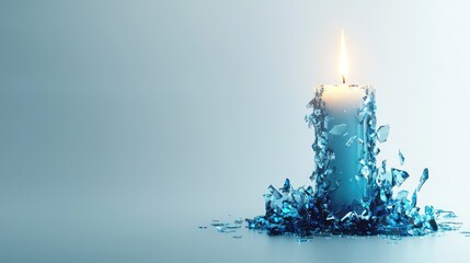 Burning candle encased in shattered blue glass.