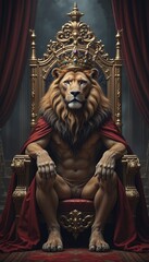 Powerful Lion King on a Golden Throne