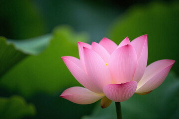 Obraz premium Single pink lotus flower in bloom against green background