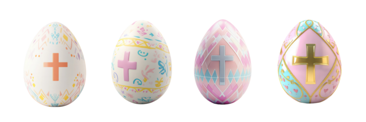 A 3D icon of a decorated Easter egg with a cross symbol and pastel patterns, radiating soft light, on a transparent background for Easter Celebrations.