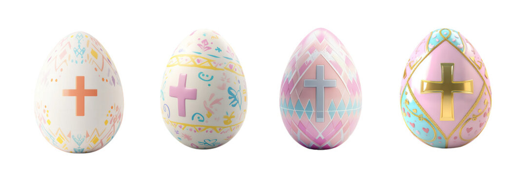 A 3D icon of a decorated Easter egg with a cross symbol and pastel patterns, radiating soft light, on a transparent background for Easter Celebrations.