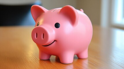 Cute Pink Piggy Bank on a Wooden Table with Soft Lighting