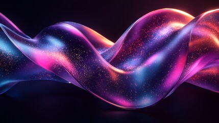 Abstract liquid glass holographic iridescent neon curved wave in motion on a dark background, 3D render
