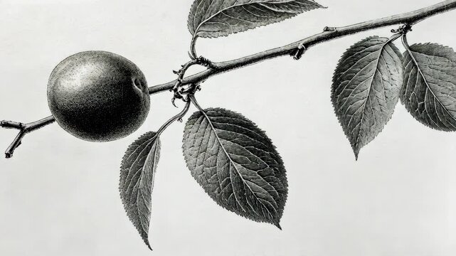 Detailed illustration of a fruit tree branch with leaves and a single plum hanging in natural settings