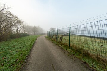 Foggy path leading to solar panel field bordered by metal fence with barbed wire