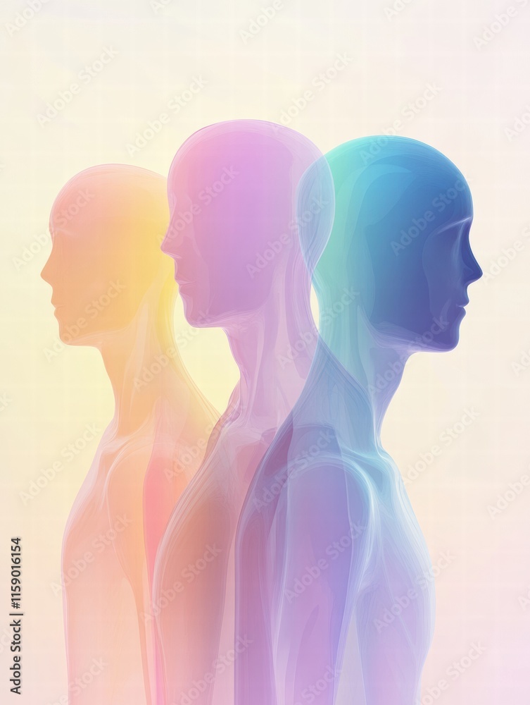 Poster Colorful abstract faceless avatars in gradient hues for creative mock up and text space. Generative AI