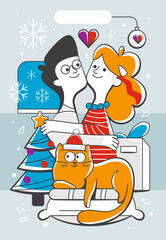 Illustration of a guy hugging a girl and a cat in a cute cartoon style.
