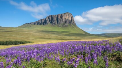 Scenic Mountain View Surrounded by Vibrant Purple Wildflowers