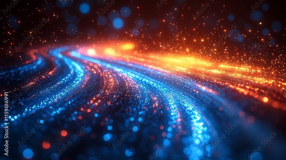 Poster a futuristic computer-generated scene featuring glowing light rays emanating from a blue gradient ab