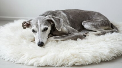 Grey Dog Relaxing on a Round Fluffy Pet Bed at Home