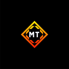 MT initials dynamic geometric logo design features a bold lettering sign in an orange and black color scheme, displayed against a dark background