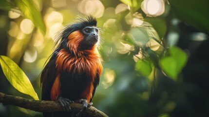 Golden-headed lion tamarin perched on a branch in a lush green forest, bathed in sunlight.
