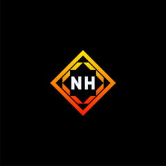 NH initials dynamic geometric logo design features a bold lettering sign in an orange and black color scheme, displayed against a dark background