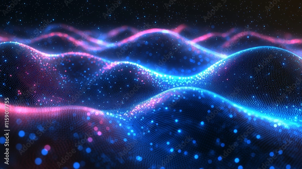 Poster a blue abstract background featuring a cyber network grid with interconnected particles, representin