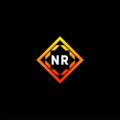 NR initials dynamic geometric logo design features a bold lettering sign in an orange and black color scheme, displayed against a dark background