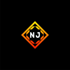 NJ initials dynamic geometric logo design features a bold lettering sign in an orange and black color scheme, displayed against a dark background