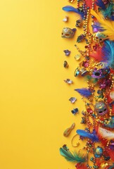 Fototapeta premium Colorful Festive Decorations on Bright Yellow Background for Celebratory Events and Parties Featuring Beads, Feathers, Masks, and Gemstones