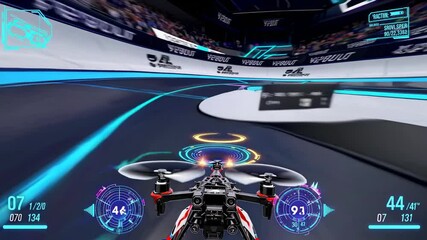 Racing drones navigate a futuristic track with neon lights and high speeds during an exciting competition