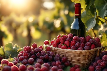 Red wine bottle with raspberries and strawberries in a vineyard at sunset.