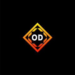 OD initials dynamic geometric logo design features a bold lettering sign in an orange and black color scheme, displayed against a dark background