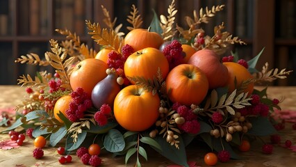 Concetto di decorazione per tavola delle feste, centrotavola o corona con frutti e foglie di stagione