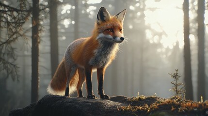 Obraz premium Red fox standing on a rock in a misty forest at sunrise.