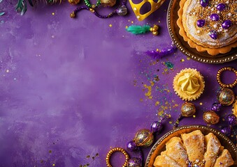 Fototapeta premium Colorful Festive Dessert Table with Golden and Purple Decorations for Celebration, Extravagant Pastry and Sweet Treats on Vibrant Purple Background