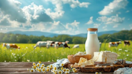 A rural scene with dairy products on a table, cows grazing in a green pasture, and scenic hills under a blue sky, captured in an idyllic image.