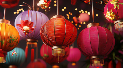 Obraz premium chinese new year 2025 concept. Colorful lanterns illuminate night with glowing particles and festive charm