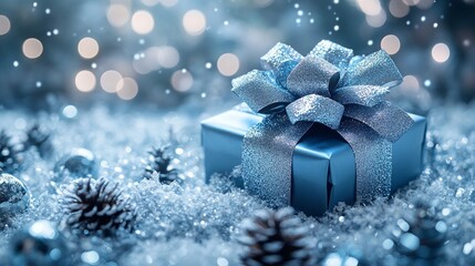 Festive blue gift box with bow in snowy backdrop