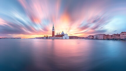 Vibrant sunrise over San Giorgio Maggiore, Venice.