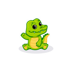 Cute cartoon crocodile isolated on white. Wild adorable character. Funny alligator sitting isolated. 