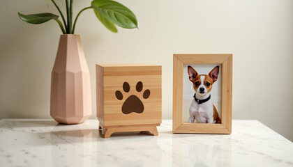 Wooden urn with engraved paw, simple photo frame with image of Chihuahua on light marble surface in bright soft light