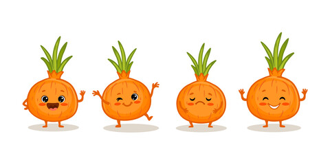 set of Cute cartoon onion characters with emotions. Cute onion with smile isolated on white background. Onion in different poses.