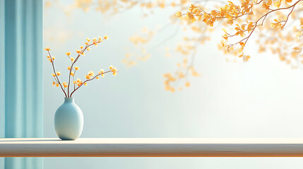 Minimalist scene of small yellow flowers in a light blue vase on a wooden shelf against a blurred background of branches and a teal curtain.