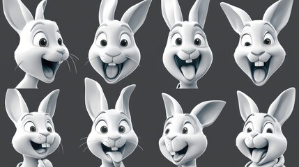 Fototapeta premium Eight 3D model bunny faces showing various expressions.