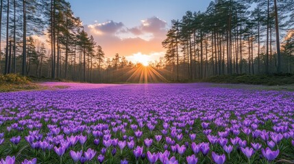 Vibrant sunset illuminates a vast field of purple crocuses blooming amongst tall pine trees.