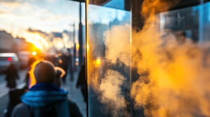 Air Quality Concerns at City Bus Stop in Afternoon Light