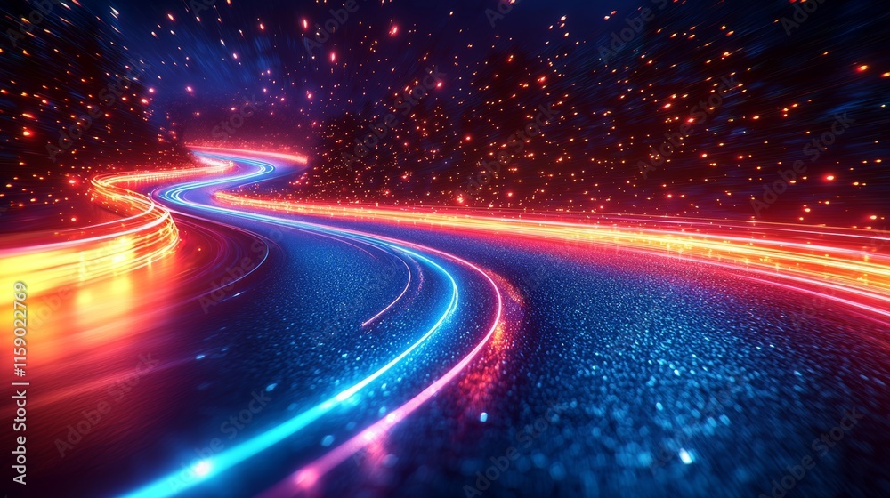 Aufkleber 3d rendering of a curved tunnel with led lighting on the ceiling and reflections from a puddle on a 