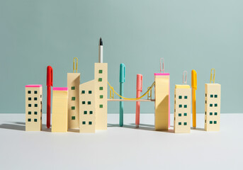 Creative construction of cityscape using stationery items on a light background during daylight