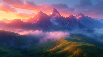 Obraz premium Majestic sunset illuminating snow-capped mountains and rolling hills shrouded in mist.