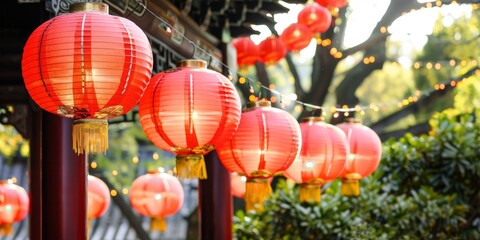 Vibrant red lanterns in asian garden