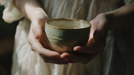 Woman's hands gently holding a small, rustic ceramic bowl filled with a light-colored beverage.