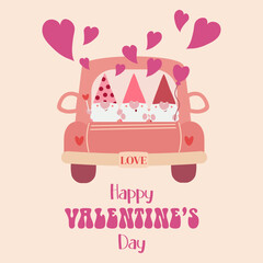 simple valentine card with pink car and pink gnomies, perfect for website banners, sales promotions, Valentine's cards, covers, flyers, or posters