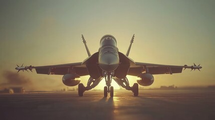 Fototapeta premium Fighter jet on runway at sunset. (3)